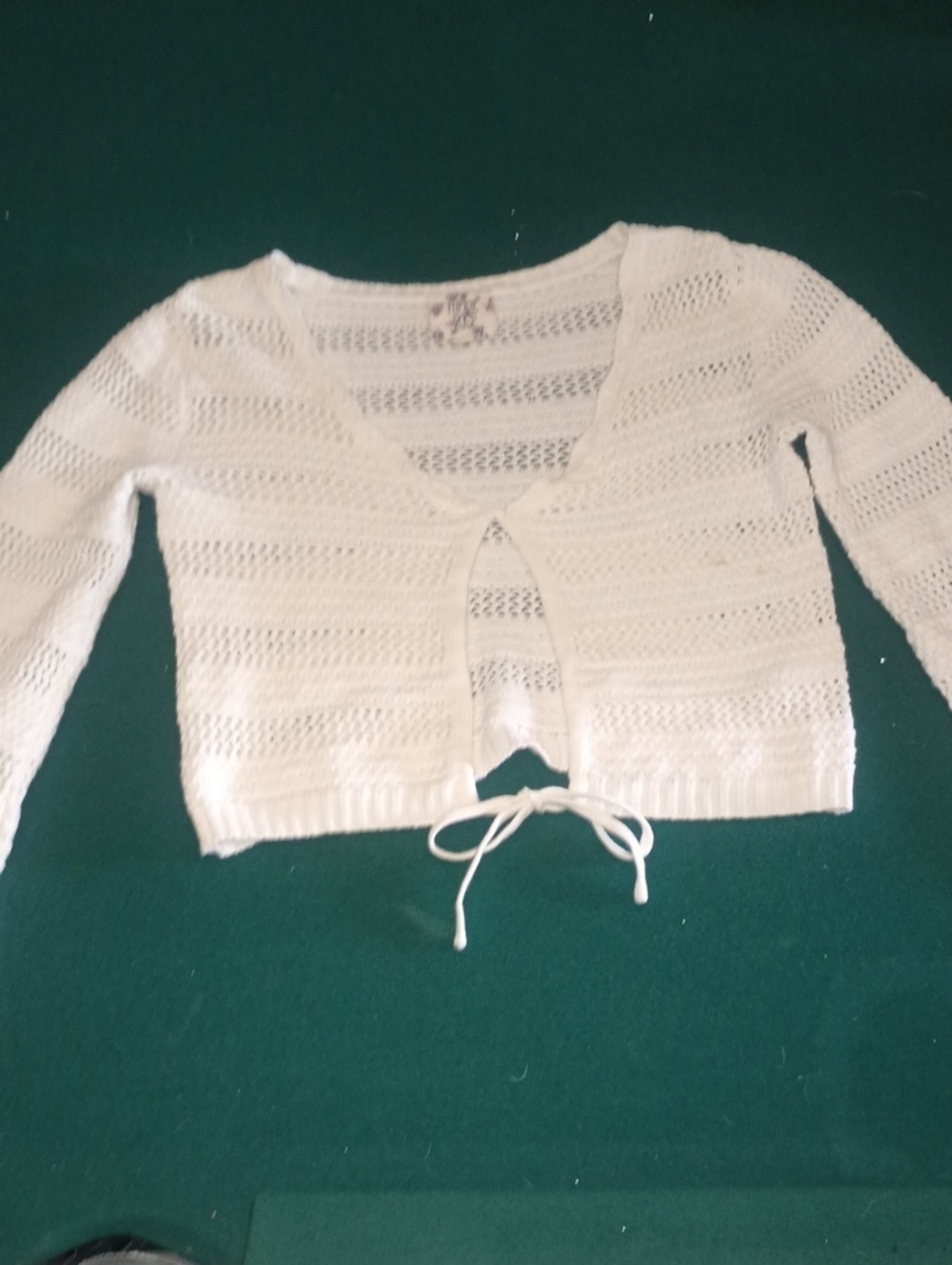 Hippie Rose White Open-Weave Tie-Front Crop Cardigan